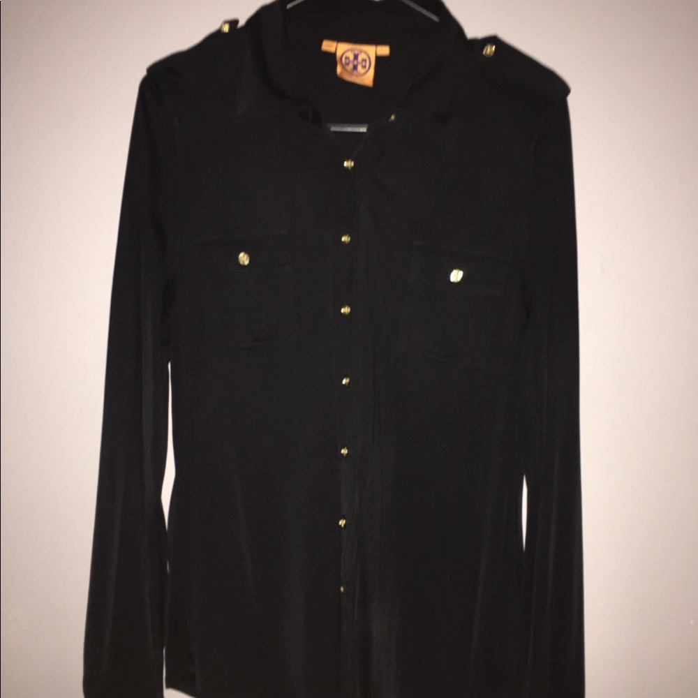 Tory Burch Black Stretch Long Sleeve Blouse Top L